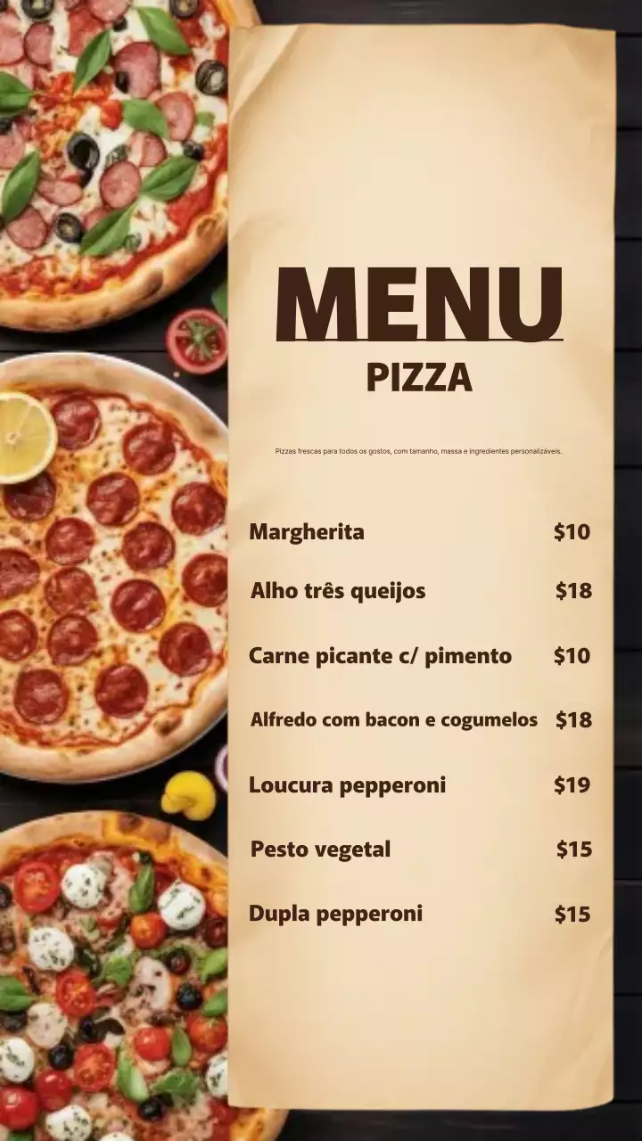 Postagem no Instagram do cardápio de pizza moderna bege