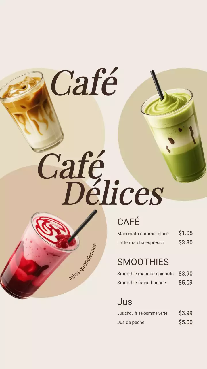 Publicité sur le menu du café moderne beige sur Instagram