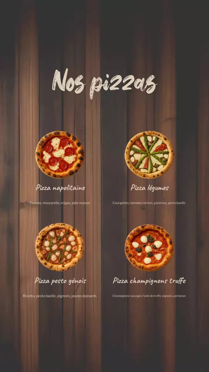 Publication Instagram sur la conception d'un menu de pizza rustique en bois