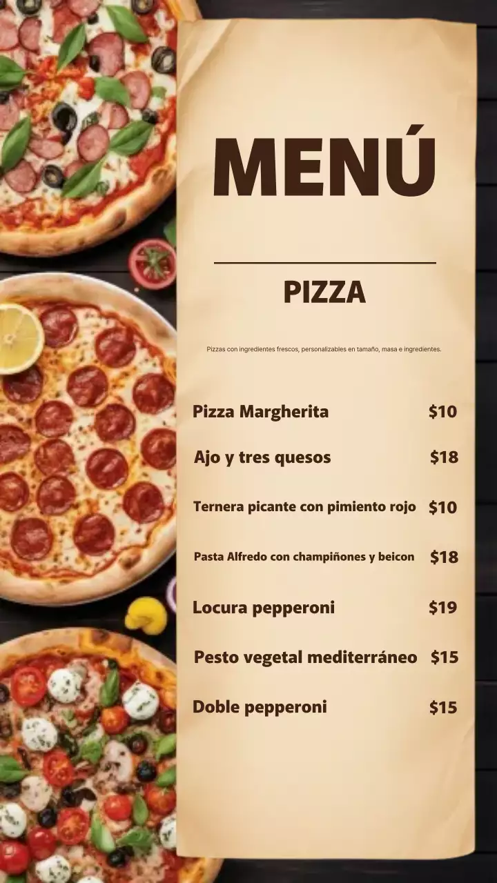 Publicación de Instagram del menú de pizza moderna en beige