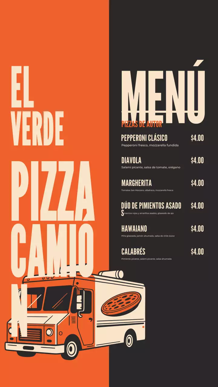 Historia de Instagram del menú de Orange Retro Pizza