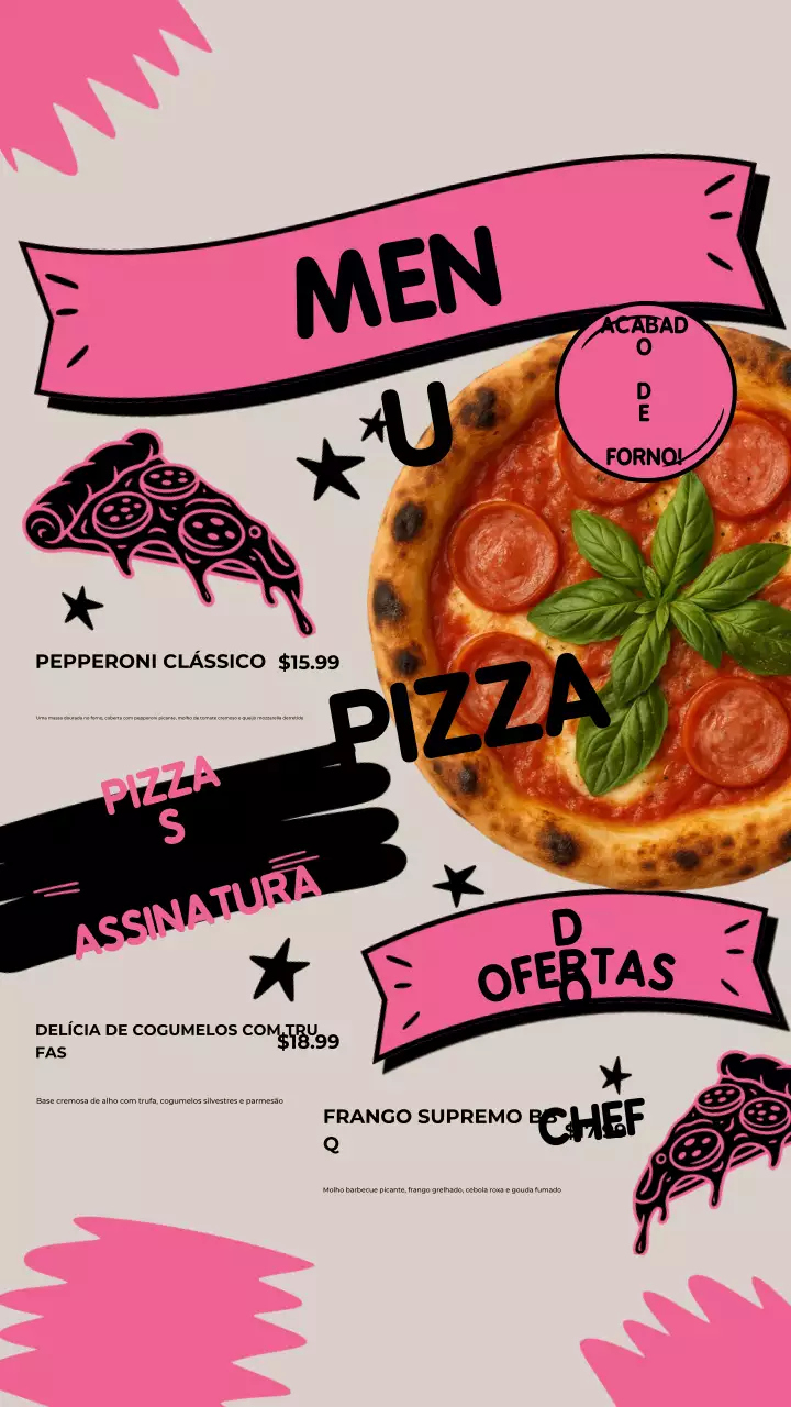 Postagem no Instagram do cardápio de pizza retrô rosa