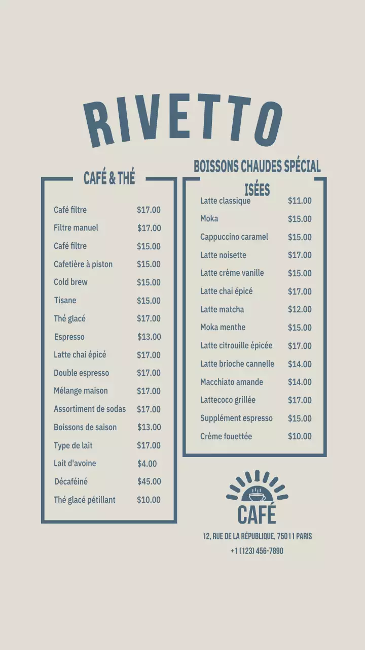 Publication Instagram du menu du café minimaliste beige