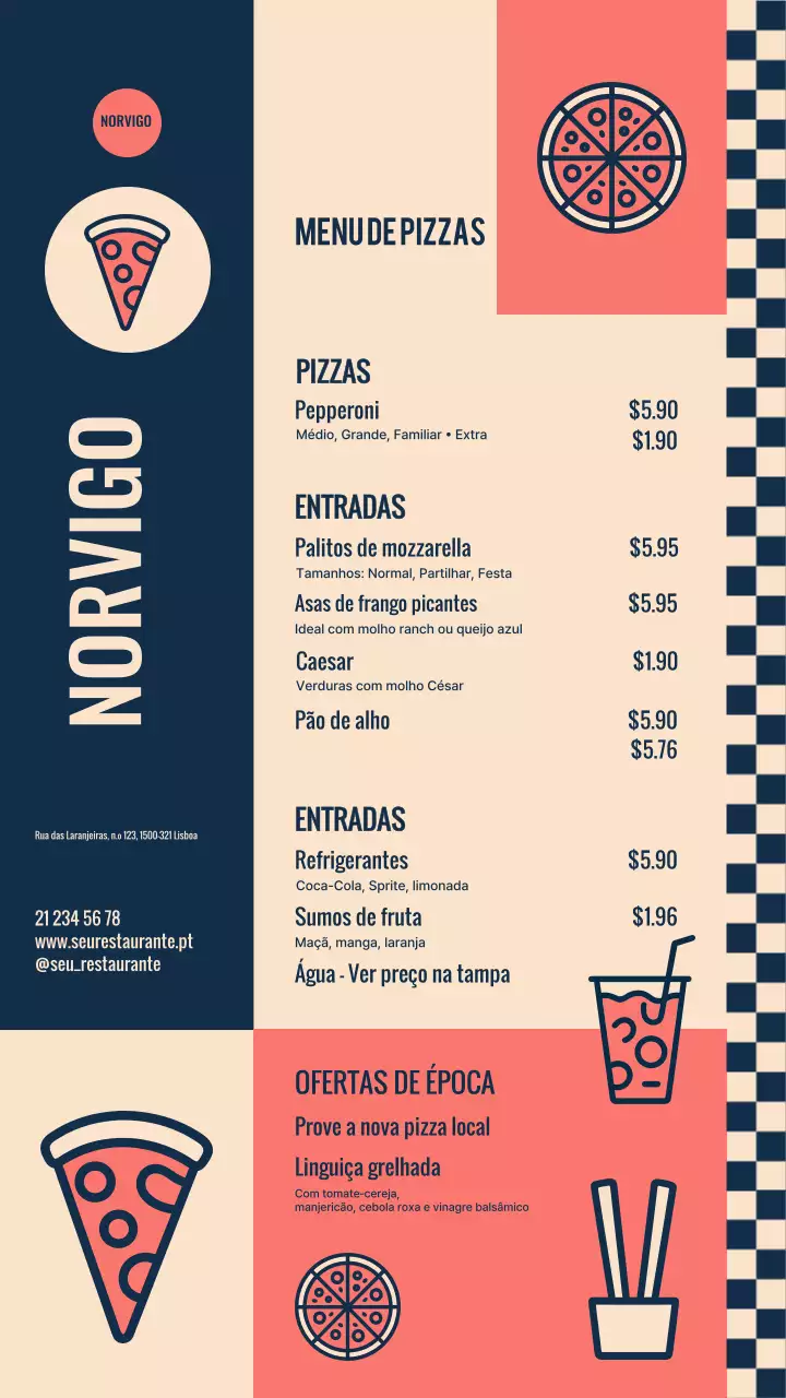 História do Instagram do cardápio de pizza retrô azul marinho e bege