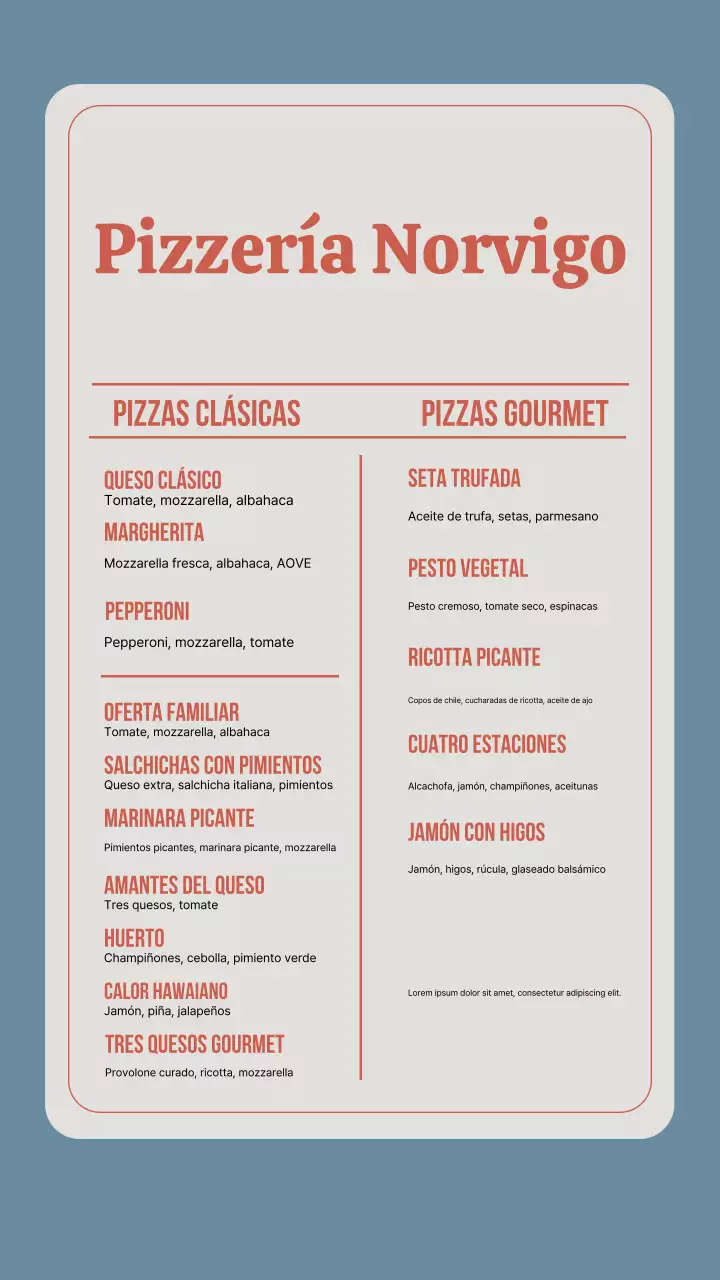 Publicación de Instagram del menú de pizza clásica beige