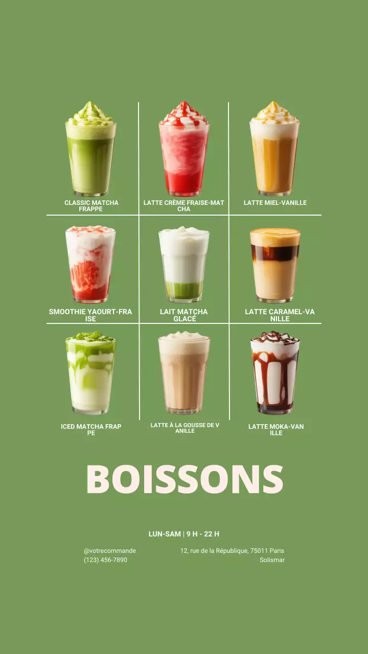 Publication Instagram du menu des boissons vertes et modernes