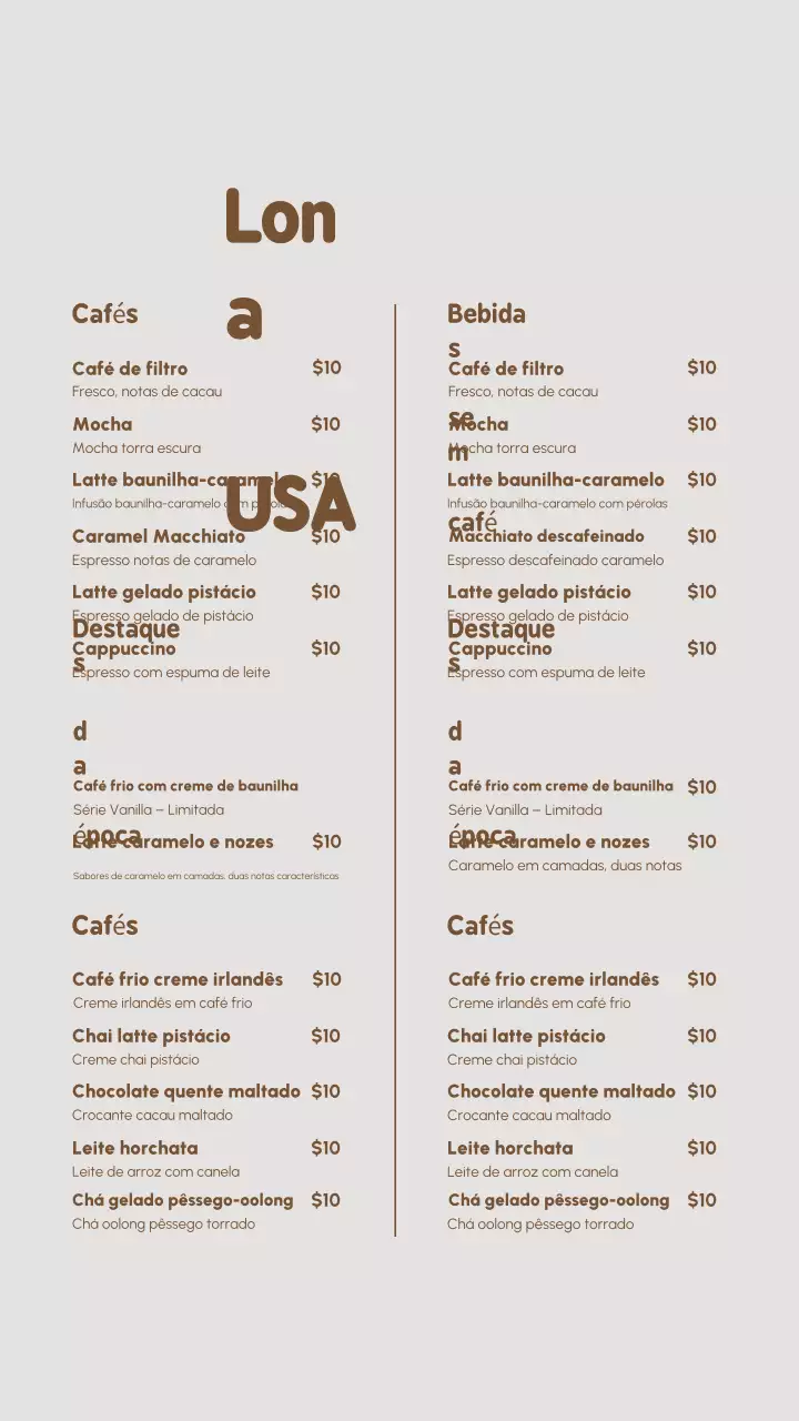Cardápio de Café Moderno Bege