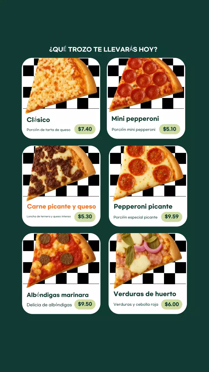 Publicación de Instagram del menú de Green Modern Pizza