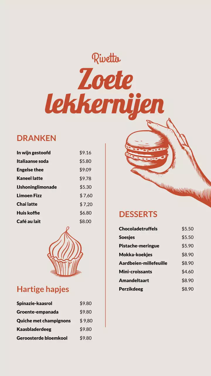 Beige en rood vintage cafémenu