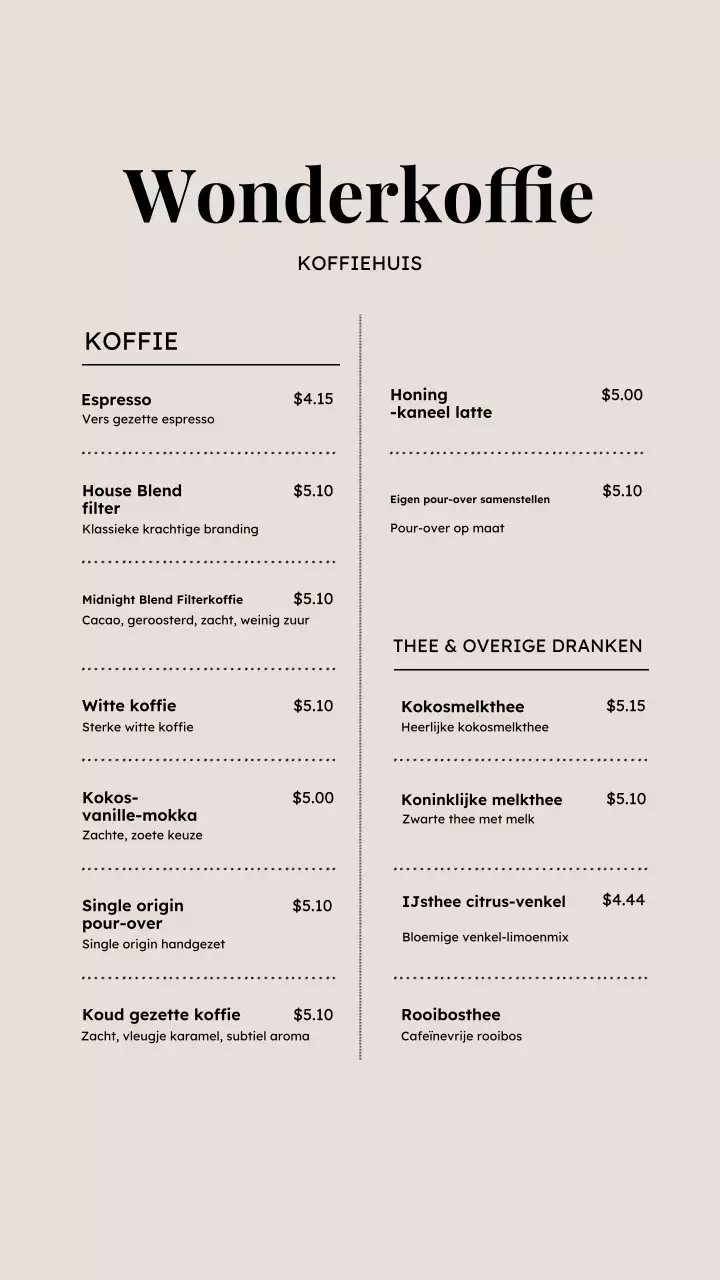 Beige Minimalistisch Koffiemenu