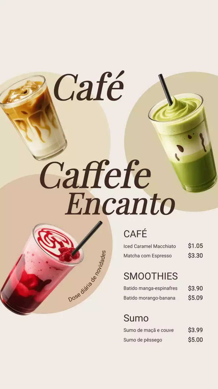 Publicação do Instagram sobre o cardápio do café moderno bege