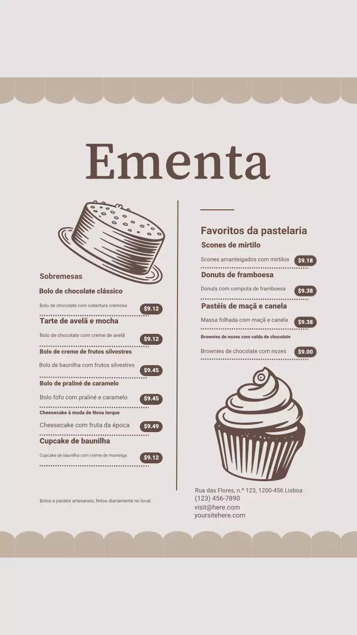 Postagem no Instagram do cardápio de sobremesas vintage bege