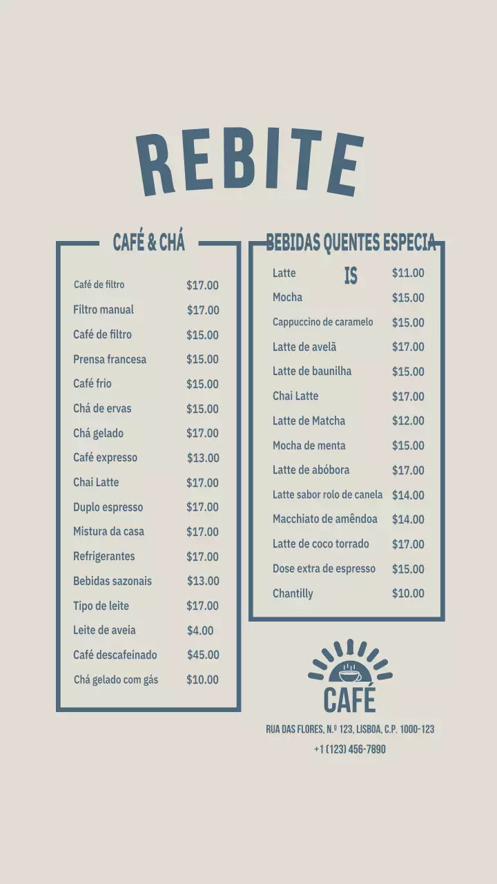 Postagem no Instagram do cardápio minimalista do café bege