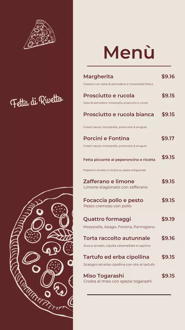Post Instagram del menu della pizza rustica marrone