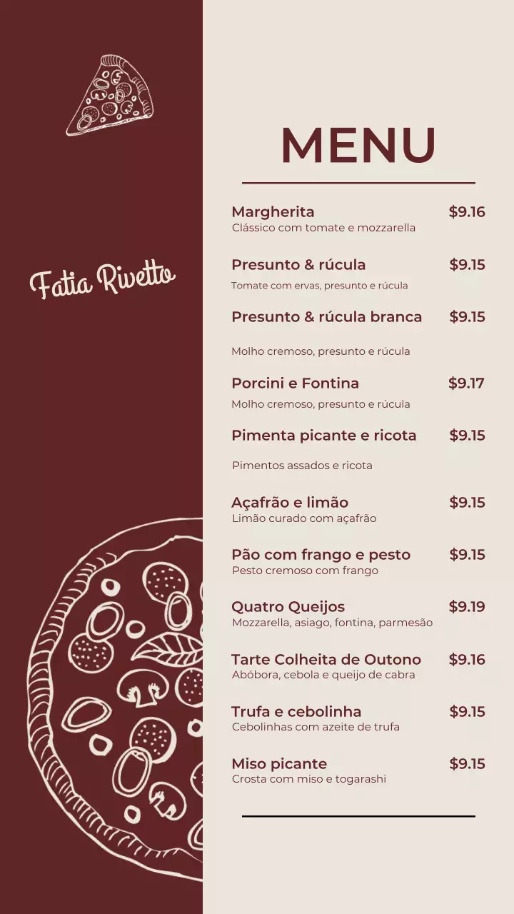 Postagem no Instagram do cardápio da Brown Rustic Pizza