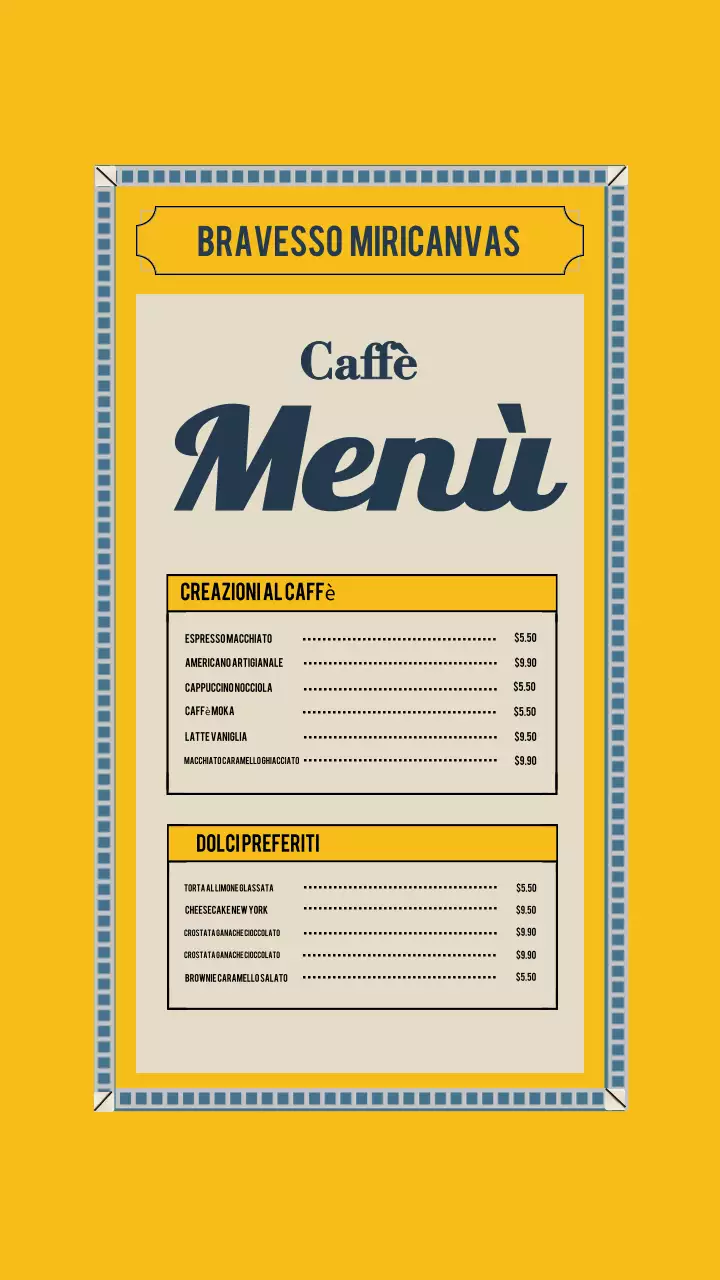 Post Instagram del menu del caffè vintage giallo
