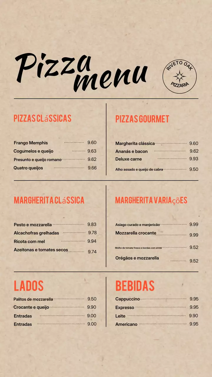 Postagem no Instagram do cardápio de pizza clássica bege