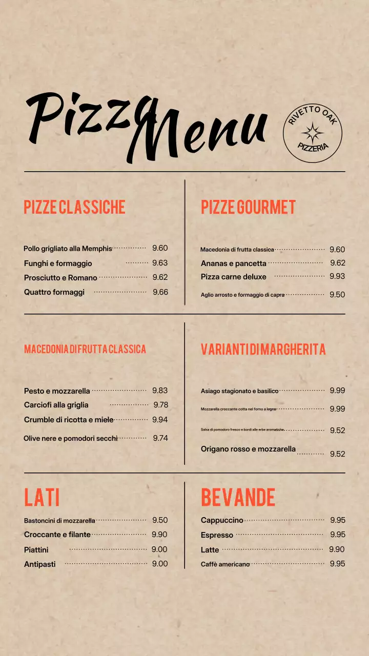 Post Instagram del menù della pizza classica beige