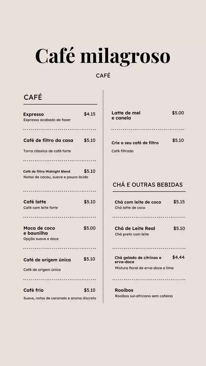 Menu de Café Minimalista Bege