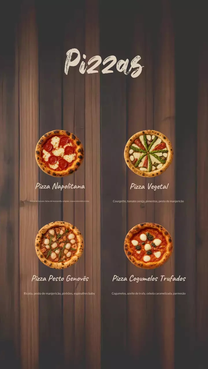 Design de cardápio de pizza rústica em madeira - postagem no Instagram