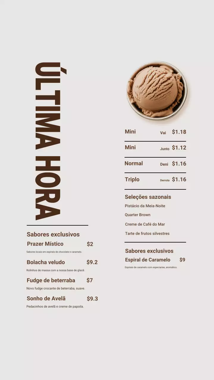 Postagem no Instagram do cardápio de sorvetes Brown Modern