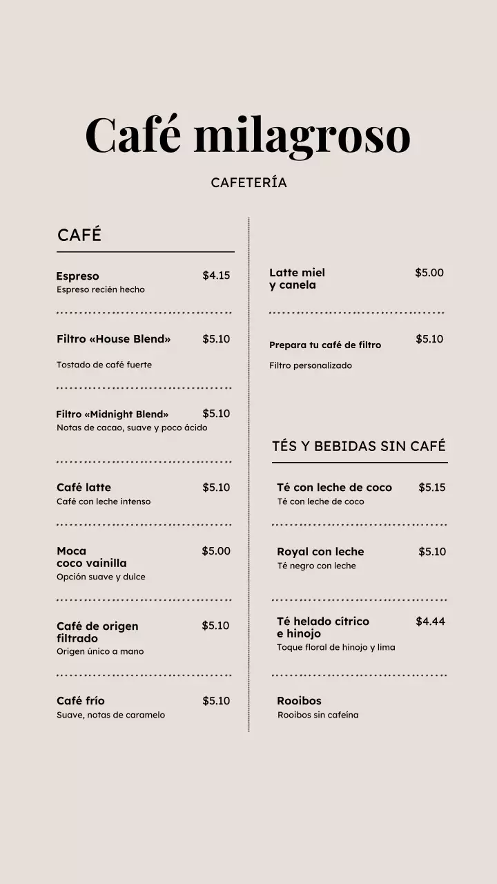 Menú de café minimalista beige