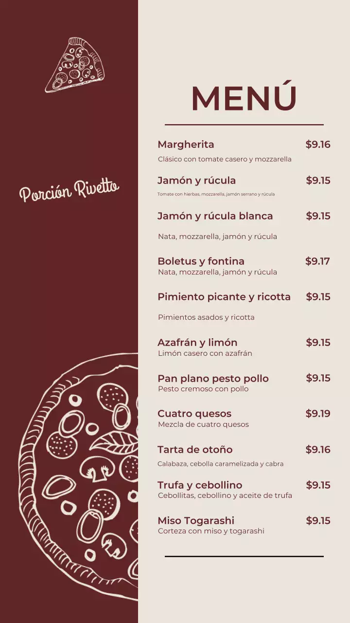 Publicación de Instagram del menú de Brown Rustic Pizza