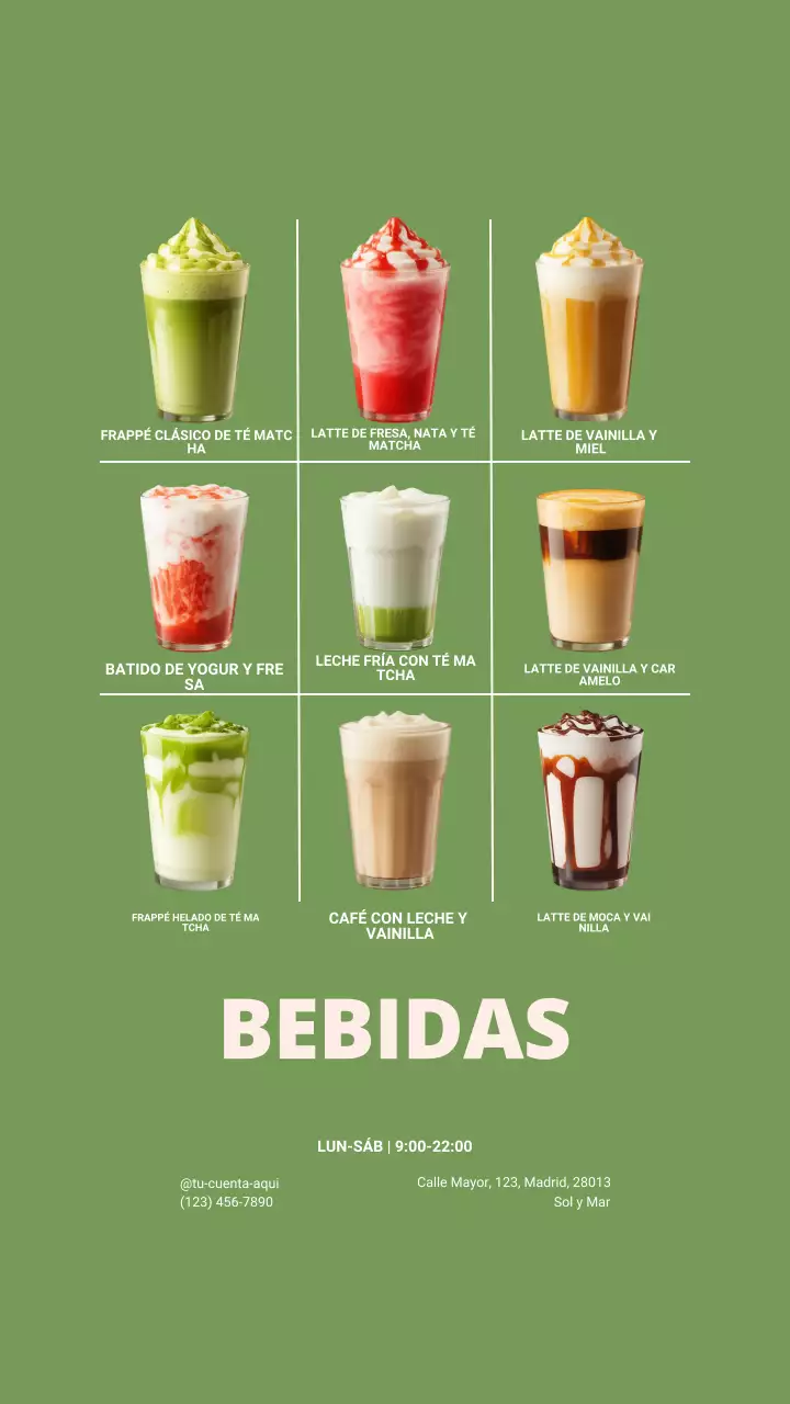 Publicación de Instagram del menú de bebidas modernas y ecológicas