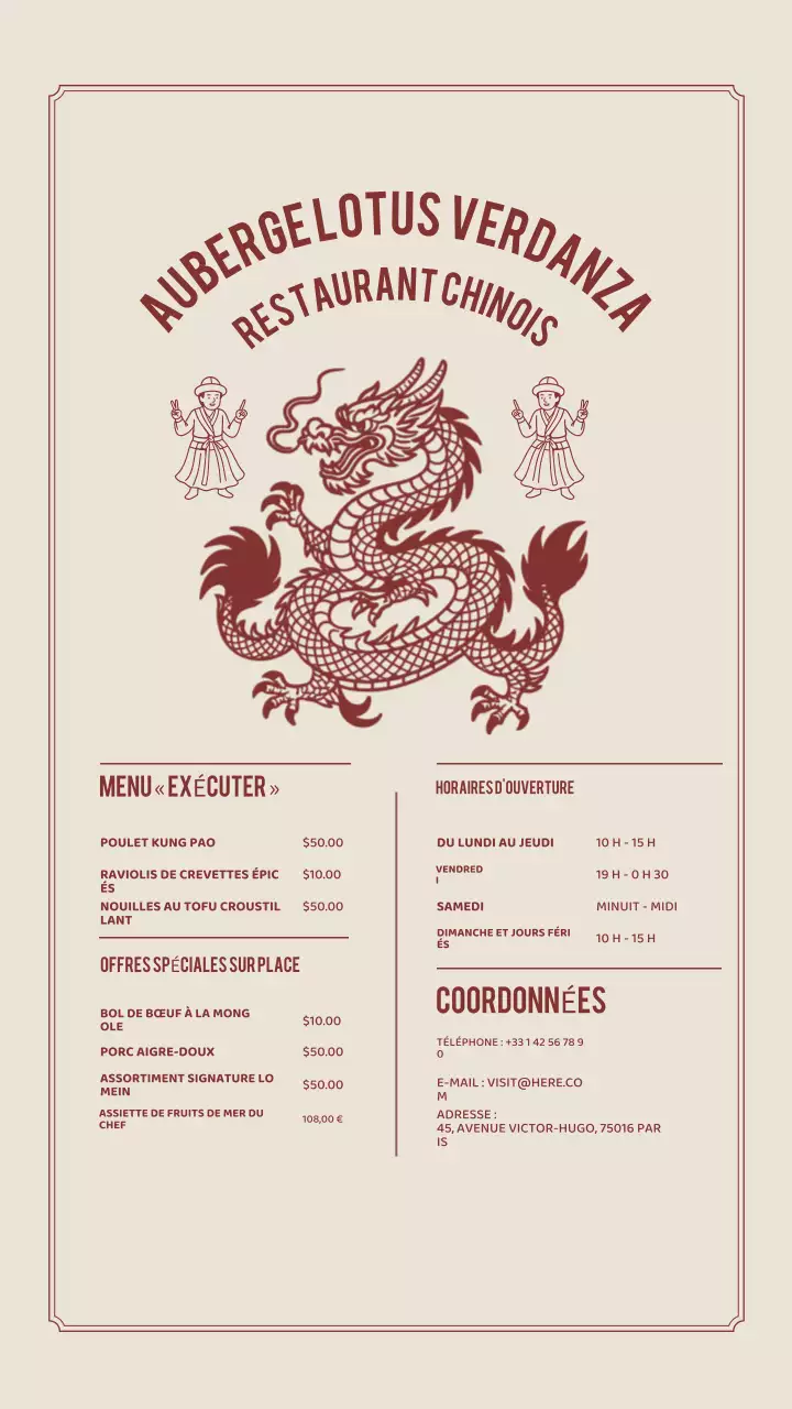 Menu du restaurant traditionnel beige sur Instagram