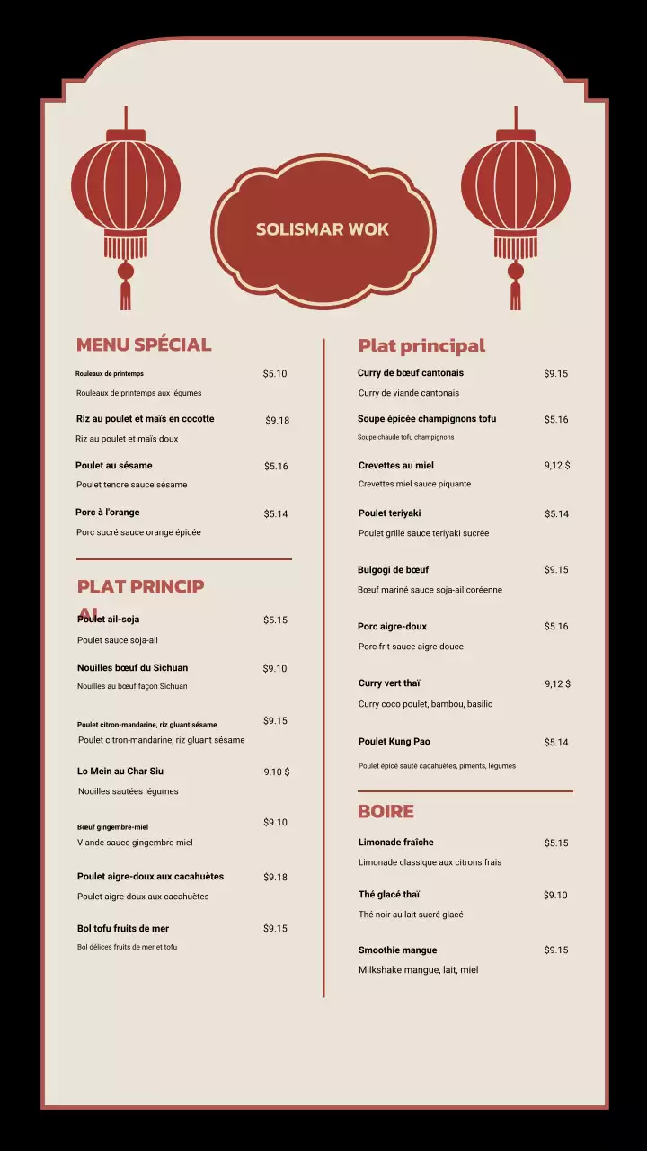 Menu du restaurant traditionnel beige sur Instagram