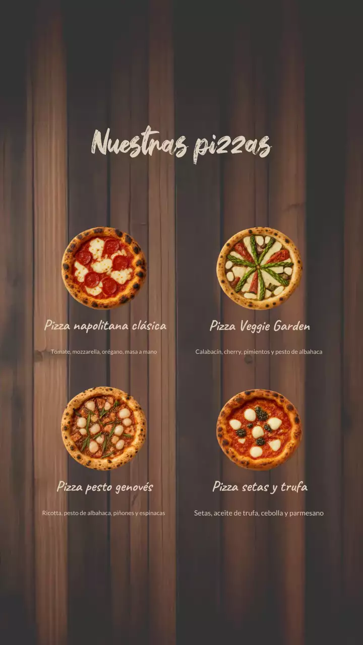 Publicación de Instagram sobre el diseño del menú de pizza rústica de madera