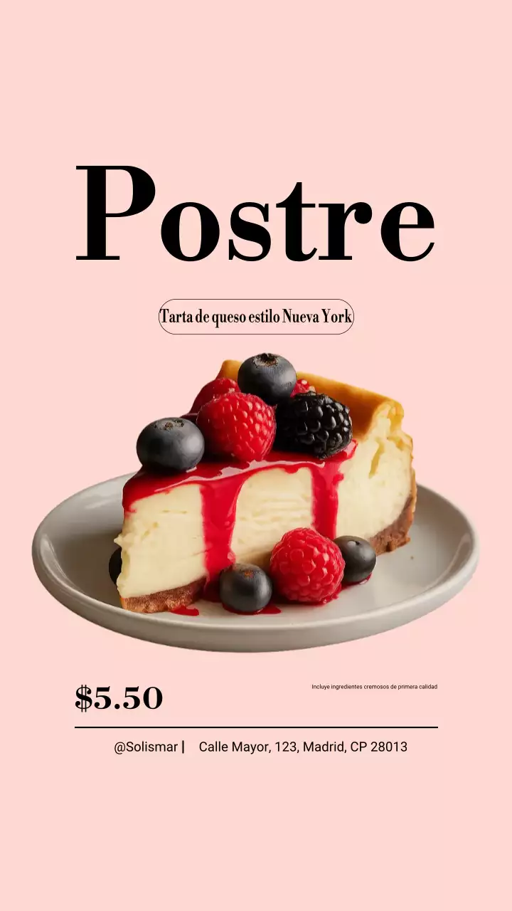 Publicación de Instagram del menú de postres minimalistas rosas
