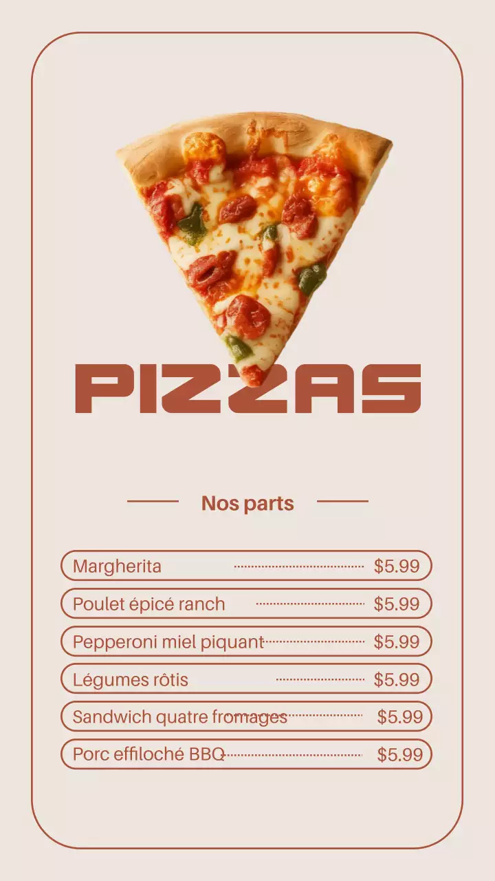 Publication Instagram du menu de la pizza moderne beige