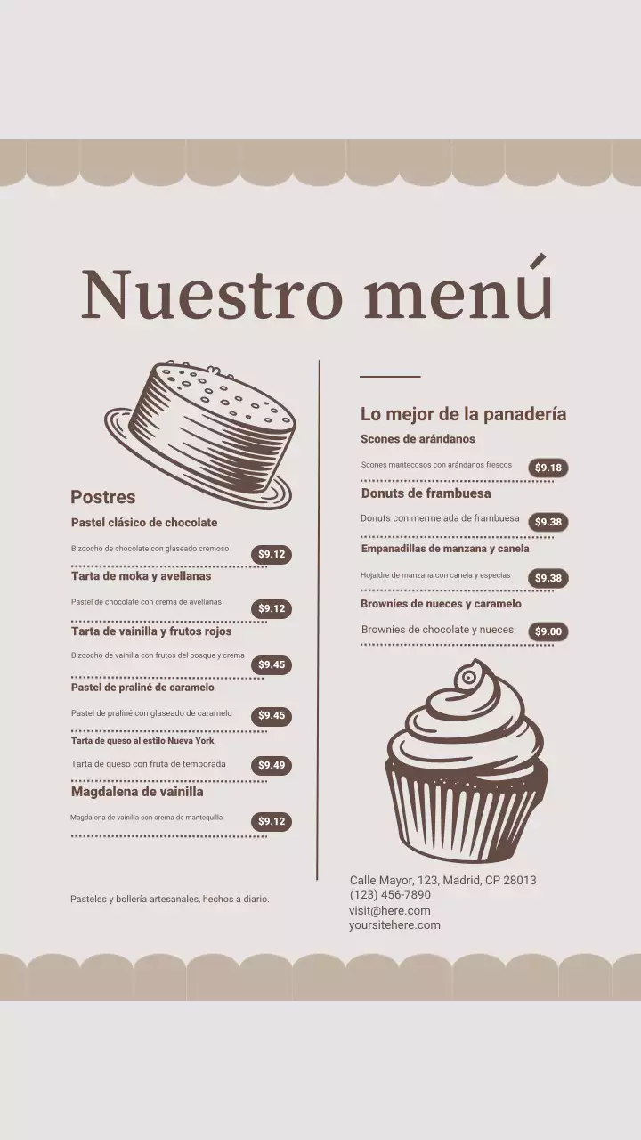Publicación de Instagram del menú de postres vintage beige