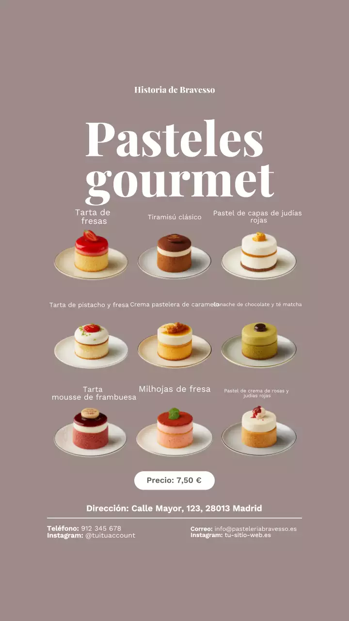 Menú de pasteles elegantes marrones