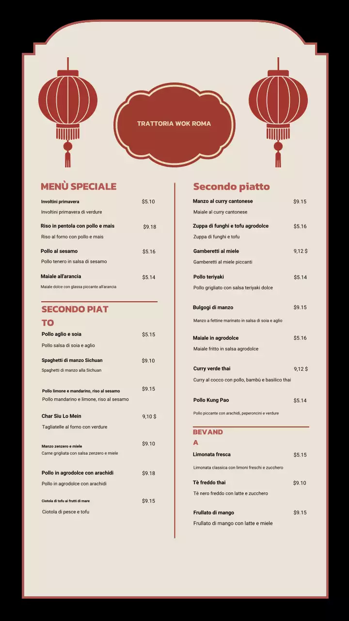 Menù del ristorante tradizionale Beige - Storia di Instagram