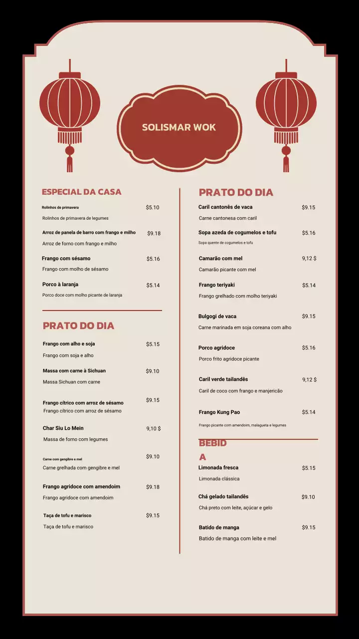 História do Instagram do cardápio do restaurante tradicional bege
