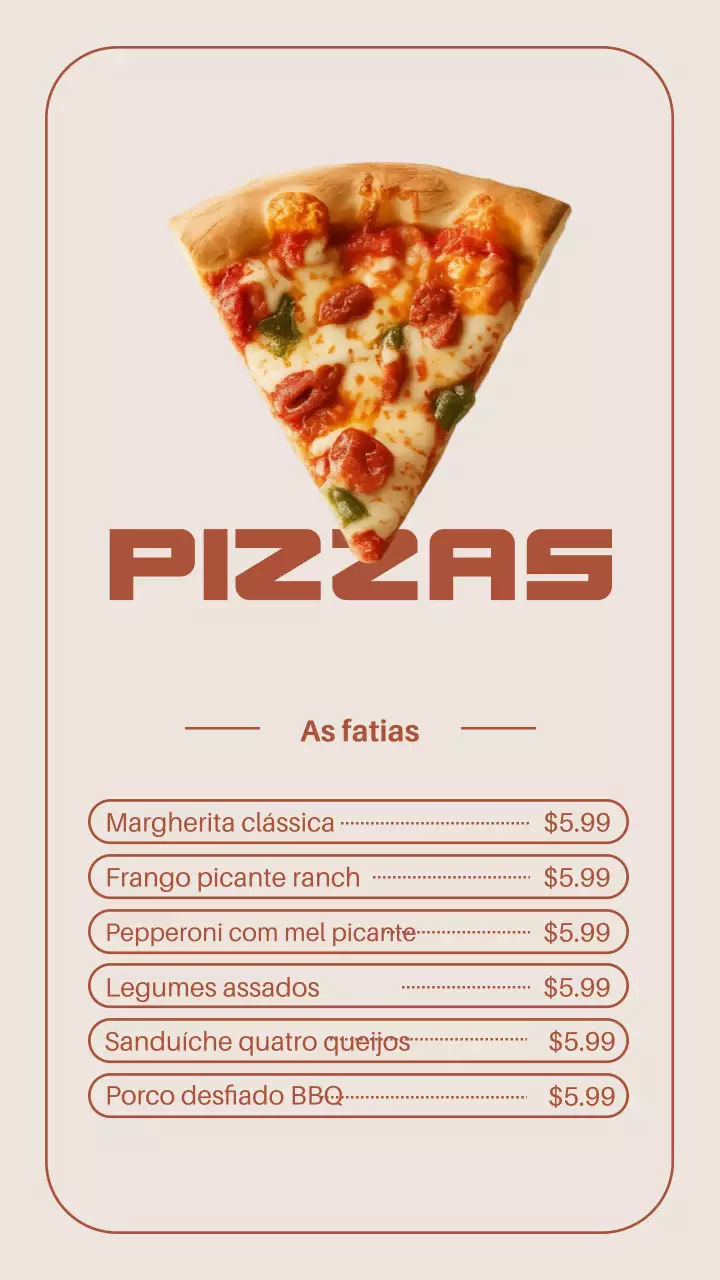 Postagem no Instagram do cardápio de pizza moderna bege