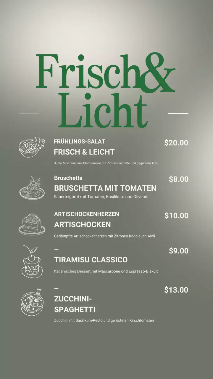 Instagram-Beitrag zum grünen minimalistischen Speisemenü