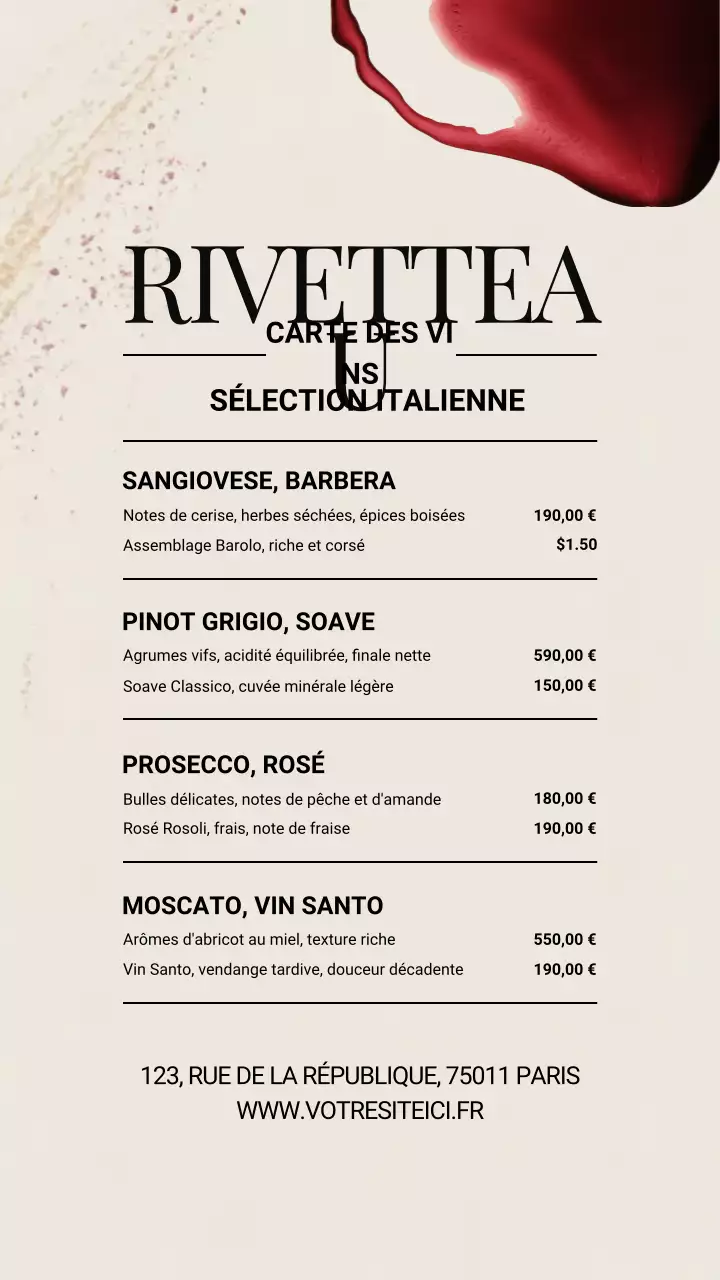 Carte des vins beige élégante sur Instagram