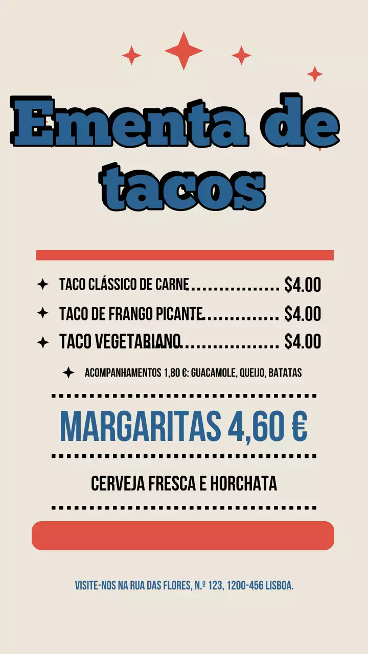 Postagem no Instagram do menu de tacos retrô bege