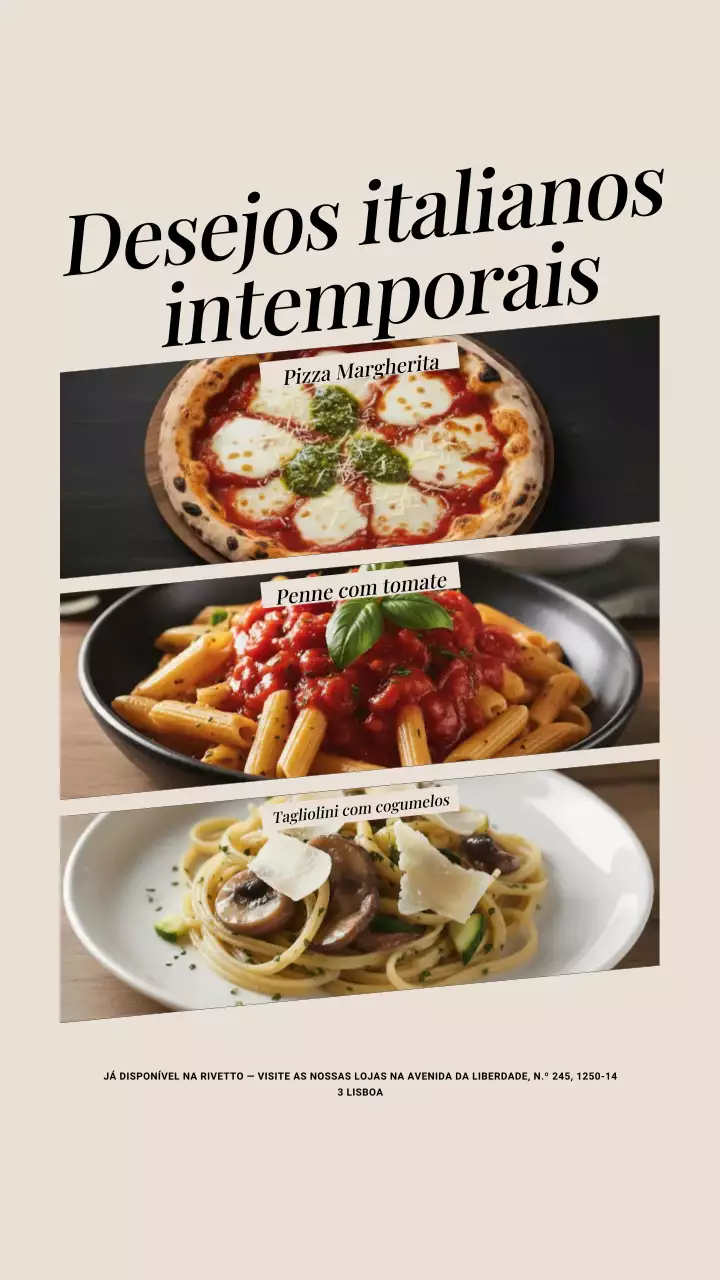 História do Instagram para promoção do cardápio italiano clássico bege