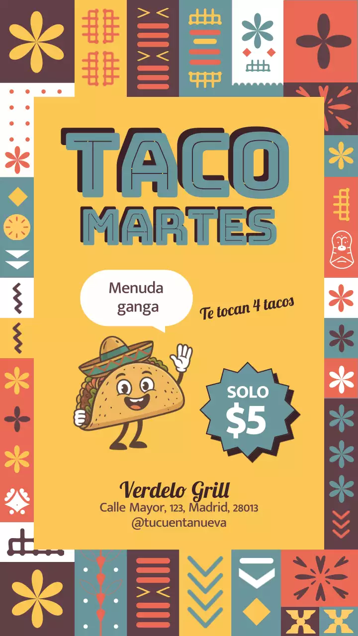 Publicación de Instagram de un anuncio de tacos retro amarillos