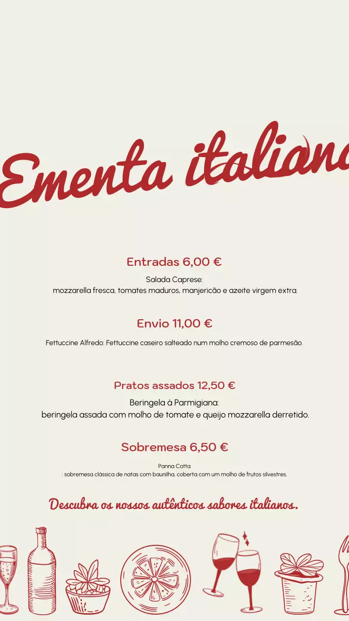 Postagem no Instagram do Menu Italiano Elegante Vermelho