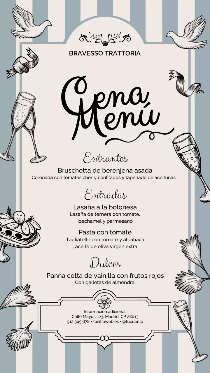 Publicación de Instagram del menú de cena vintage gris