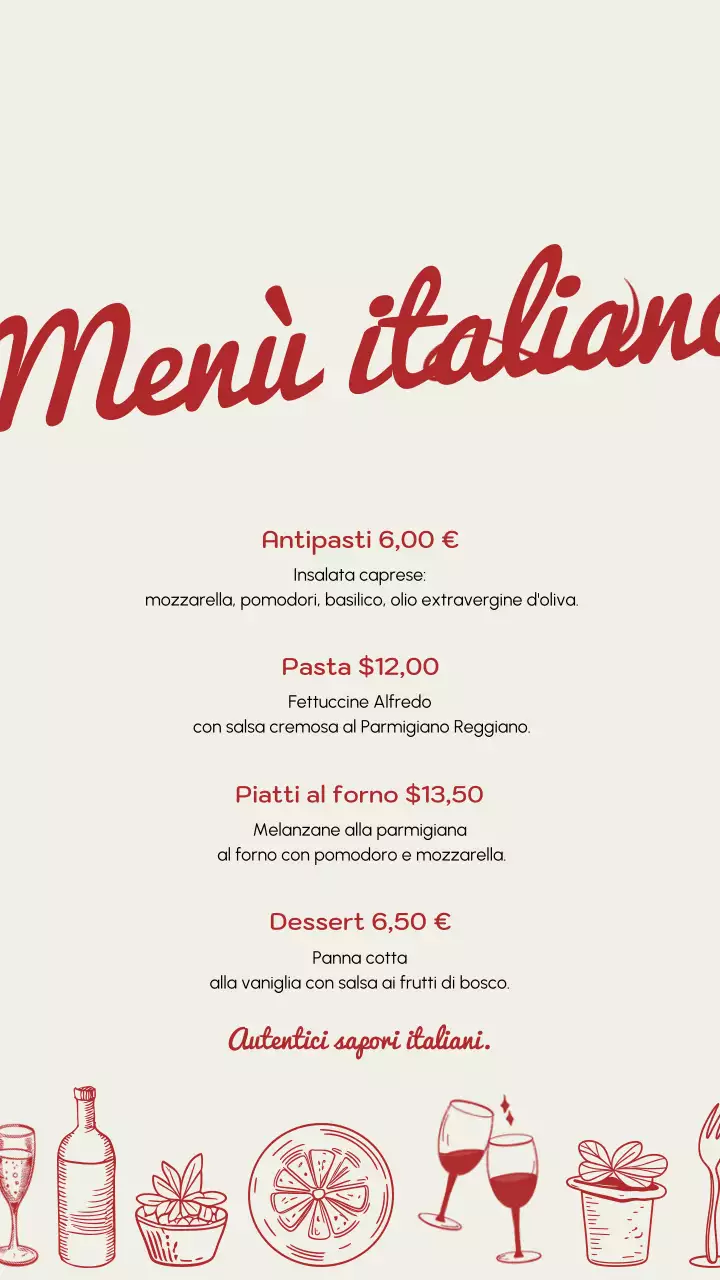 Post Instagram del menu italiano elegante rosso