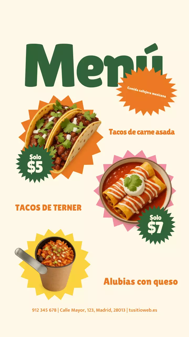 Publicación de Instagram del menú de comida retro verde