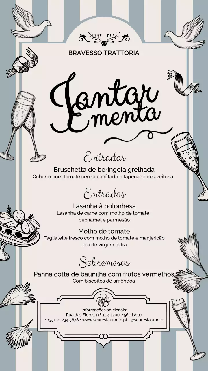Postagem no Instagram do cardápio do jantar vintage cinza