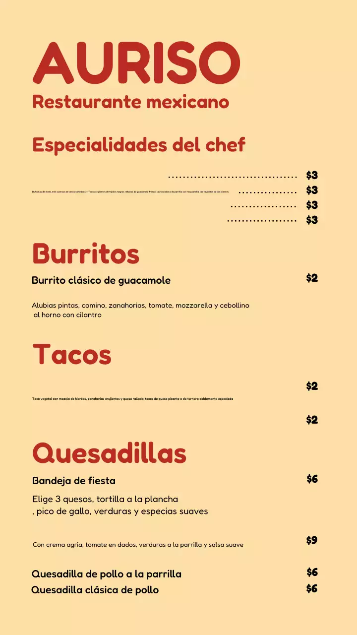 Publicación de Instagram del menú del restaurante Beige Classic