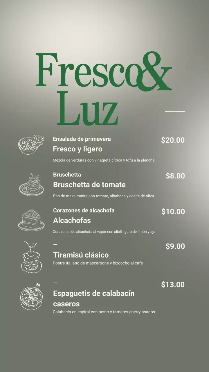 Publicación de Instagram del menú de comida minimalista verde